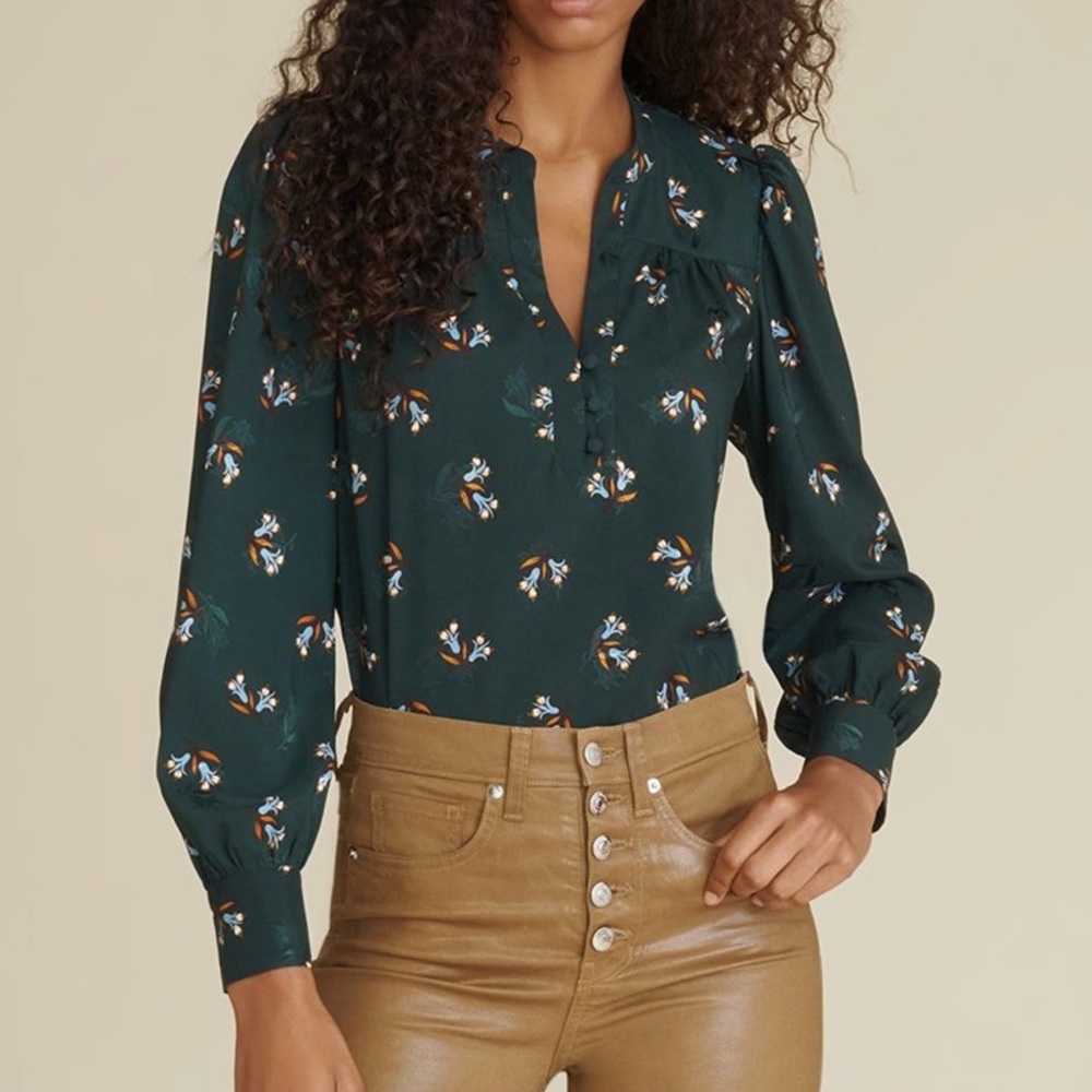 Veronica Beard Silk Abbie Top, Size 6, in Evergreen Multi